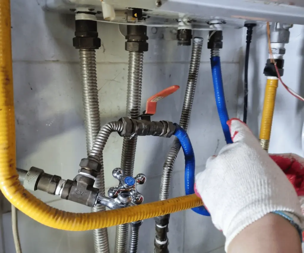 Central heating system maintenance with pipes and valves inspection
