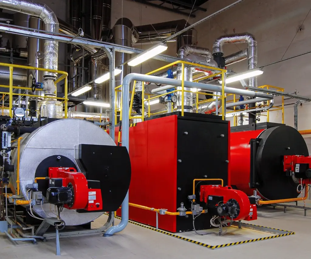 Commercial boiler room with multiple heating units in Essex property