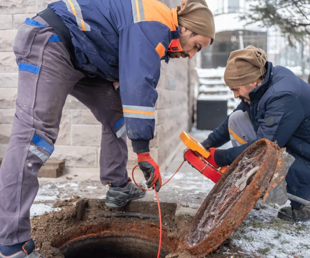 Drainage team clearing blocked drain with tools
