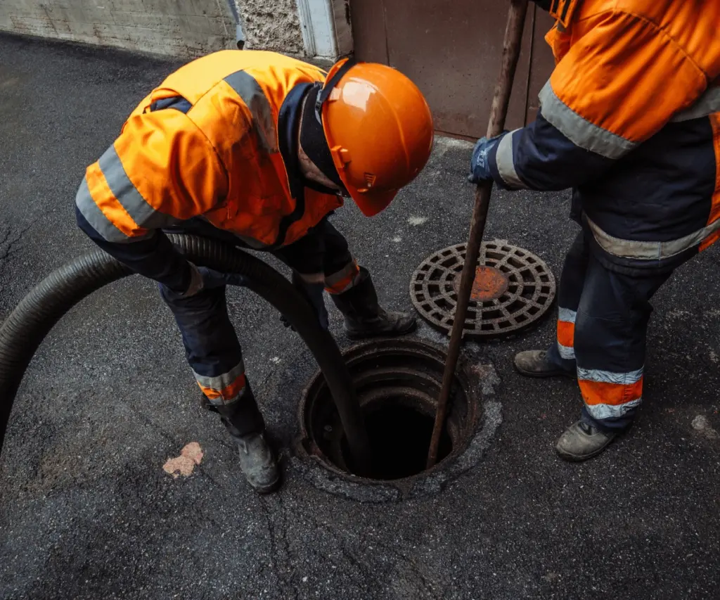 Engineer performing drain unblocking with hose equipment