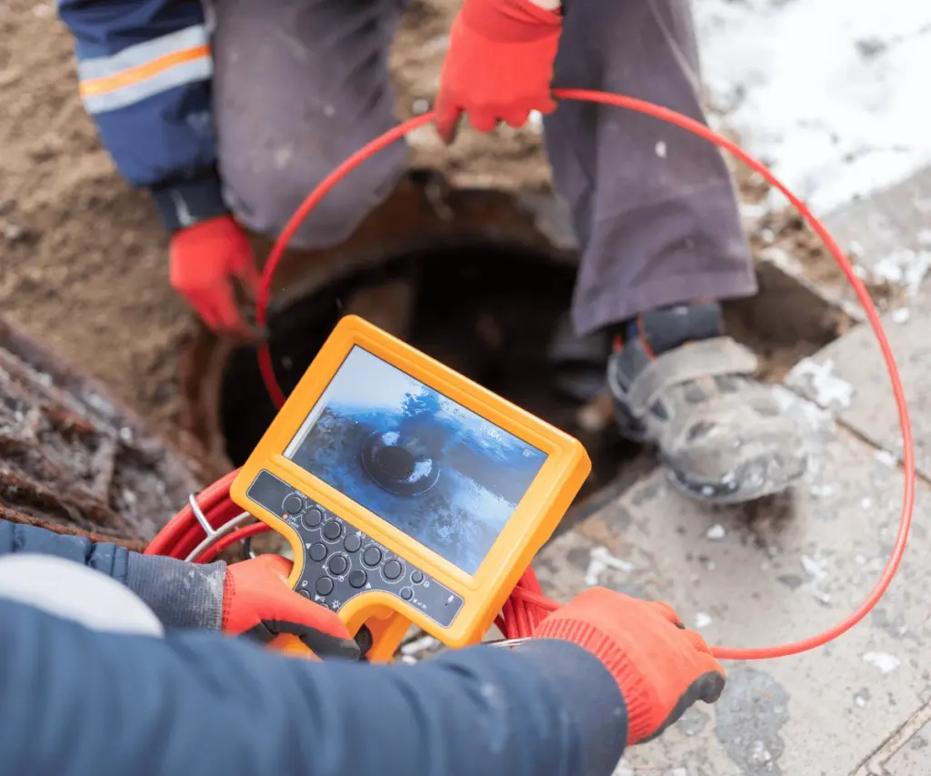 Technician using CCTV camera for drain inspection