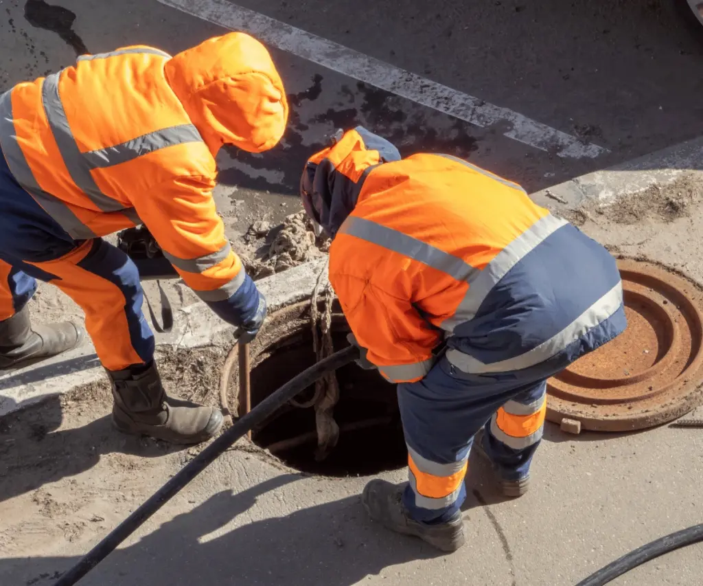 Workers inspecting roadside drainage system